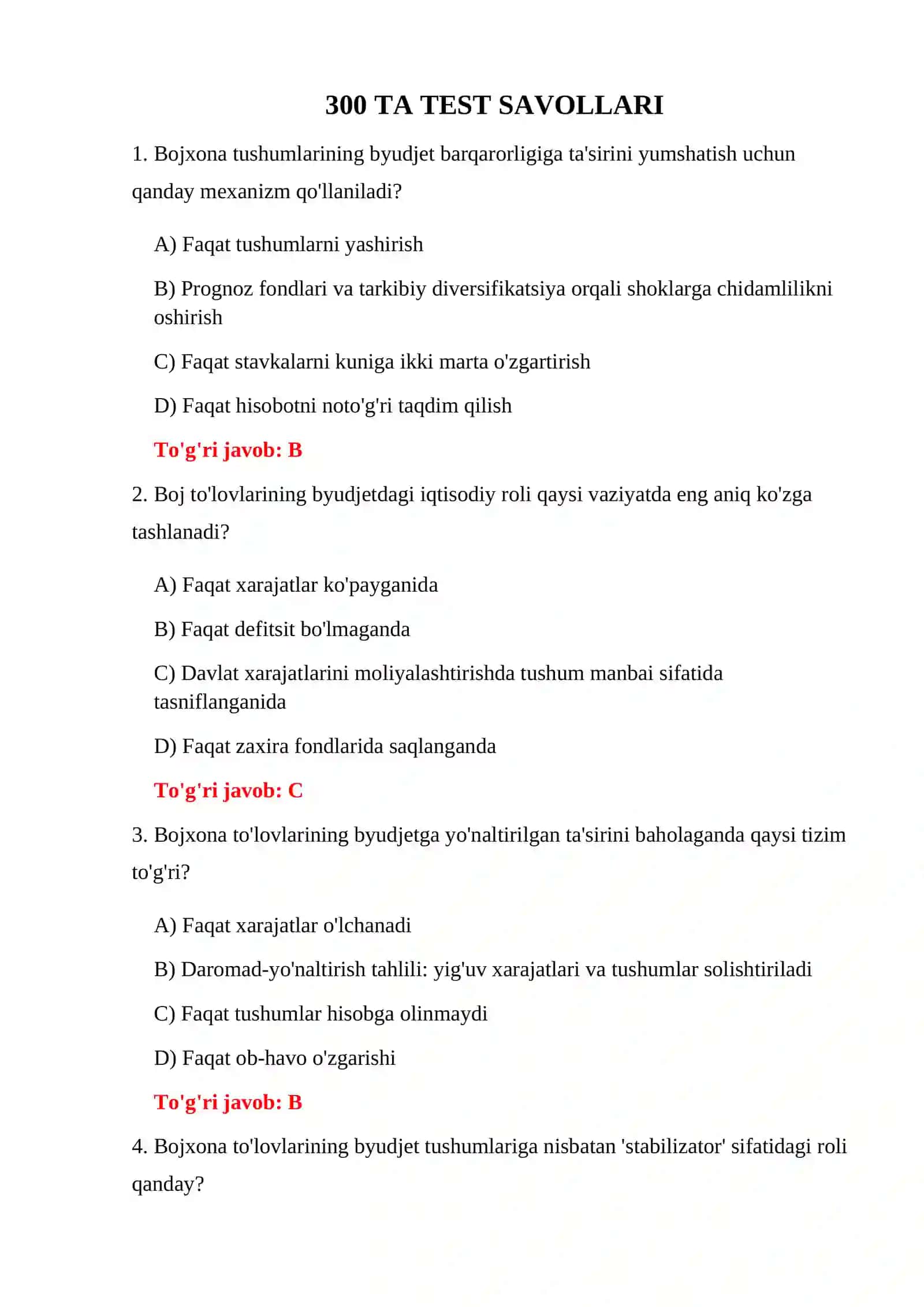 BOJXONA IQTISODIYOTI 300 TA TEST 3