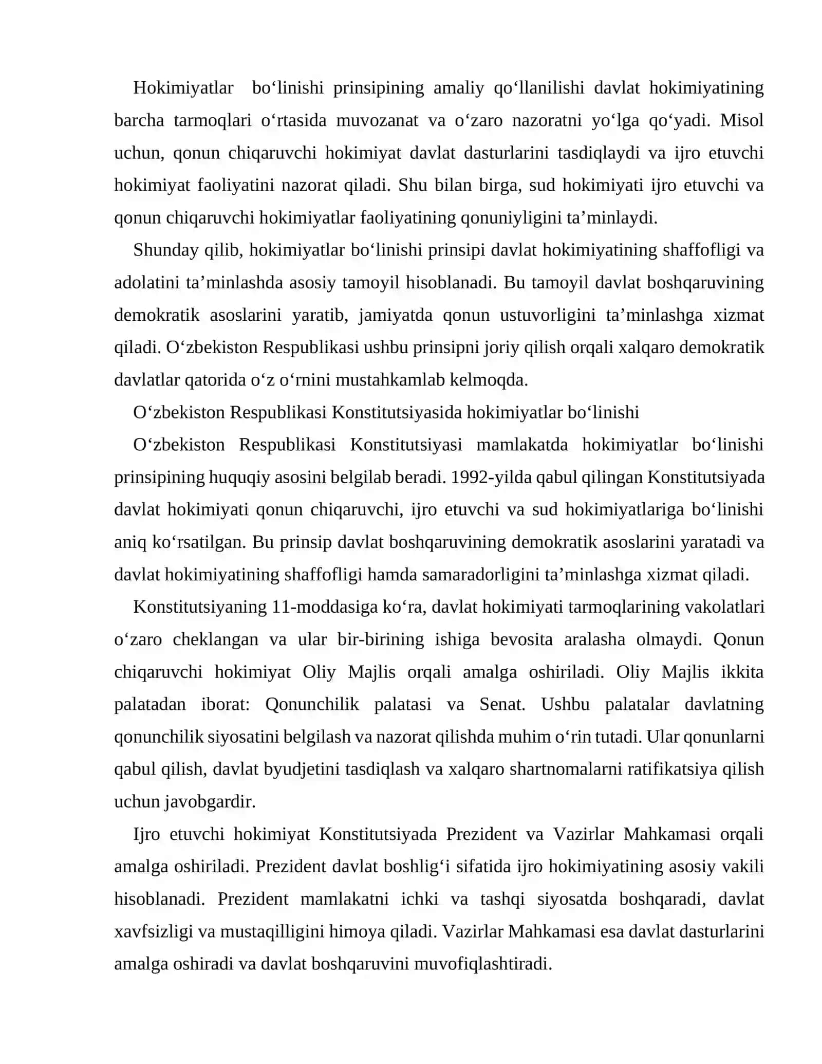 O‘zbekiston Respublikasida hokimiyatlar bo‘linishi prinsipi va uning ahamiyati 3