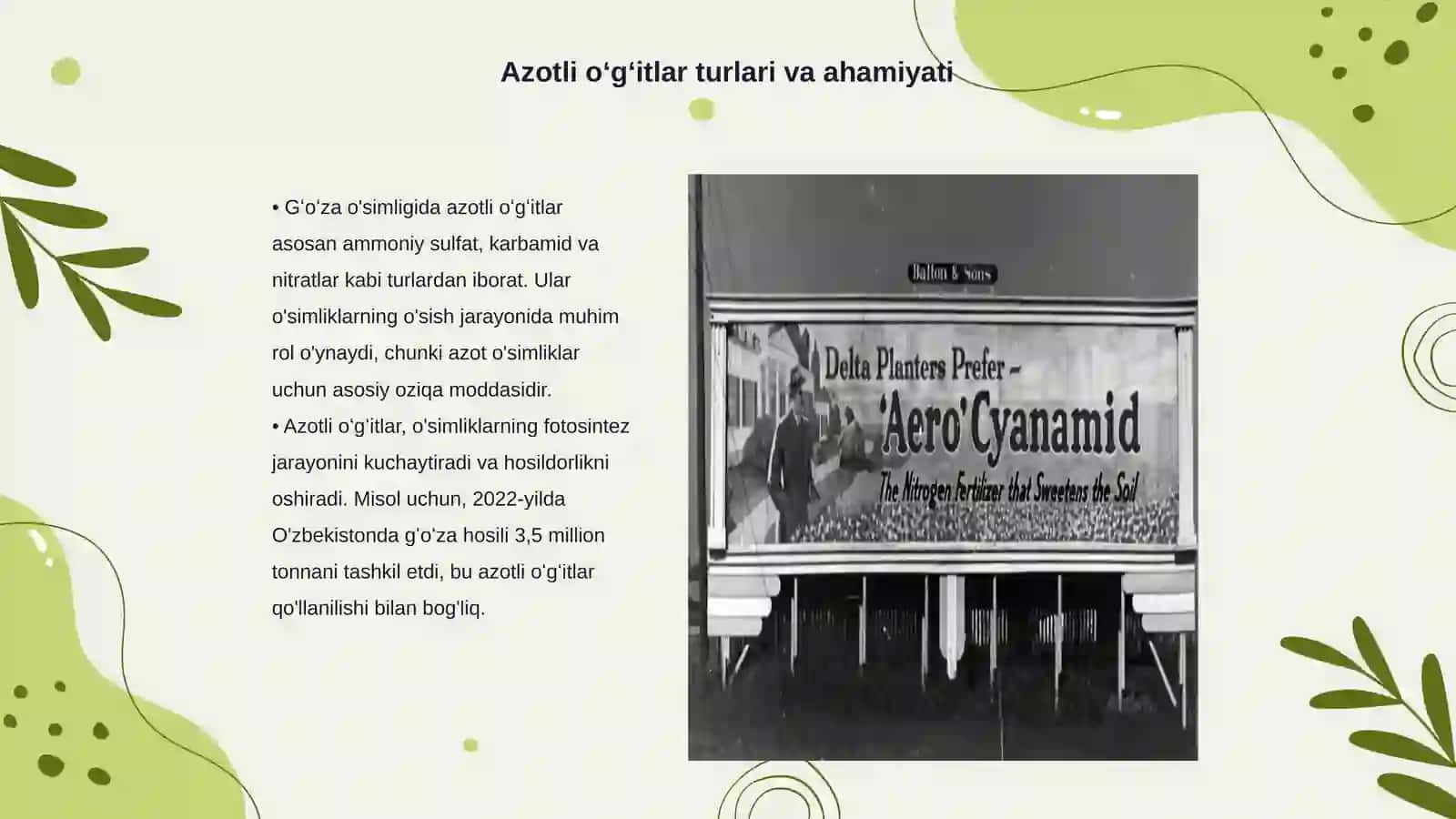 Gʻoʻza oʻsimligida azotli oʻgʻitlar turlari va ularning ahamiyati 3
