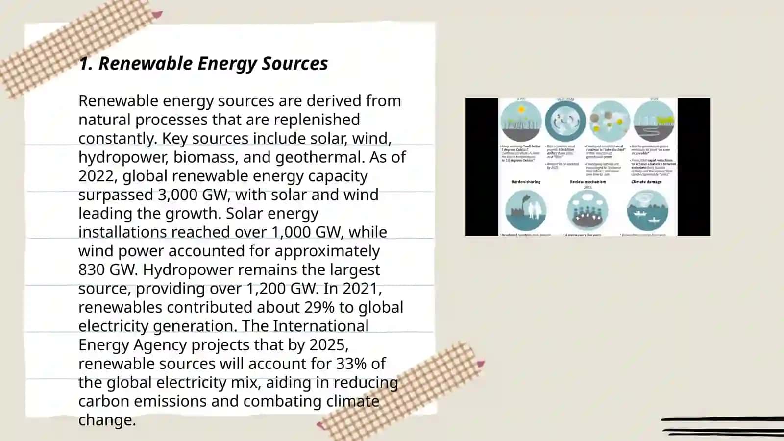 Plan: 1. Renewable Energy Sources 2. Climate Change Mitigation Strategies 3. Climate Adaptation and Resilience 3
