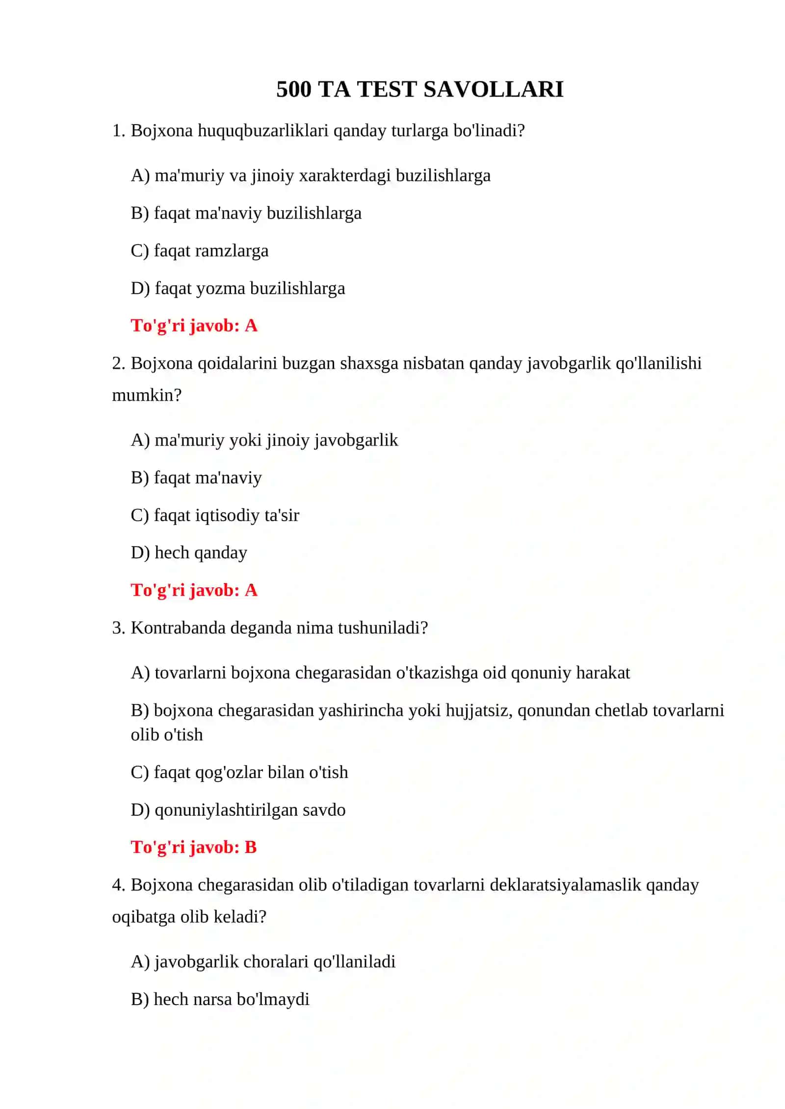 BOJXONA HUQUQBUZARLIKLARI 500 TA TEST 3