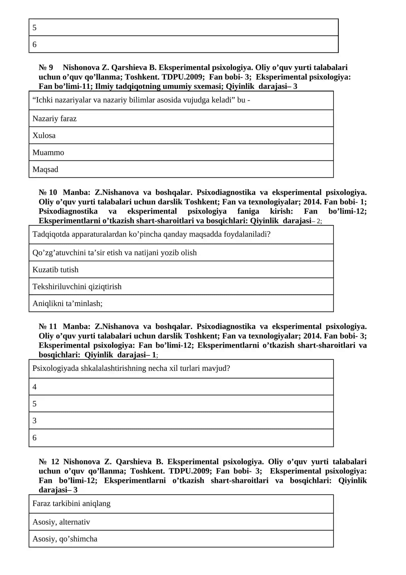 EKSPЕRIMENTAL PSIXOLOGIYA VA PRAKTIKUM FANIDAN TEST SAVOLLARI 3