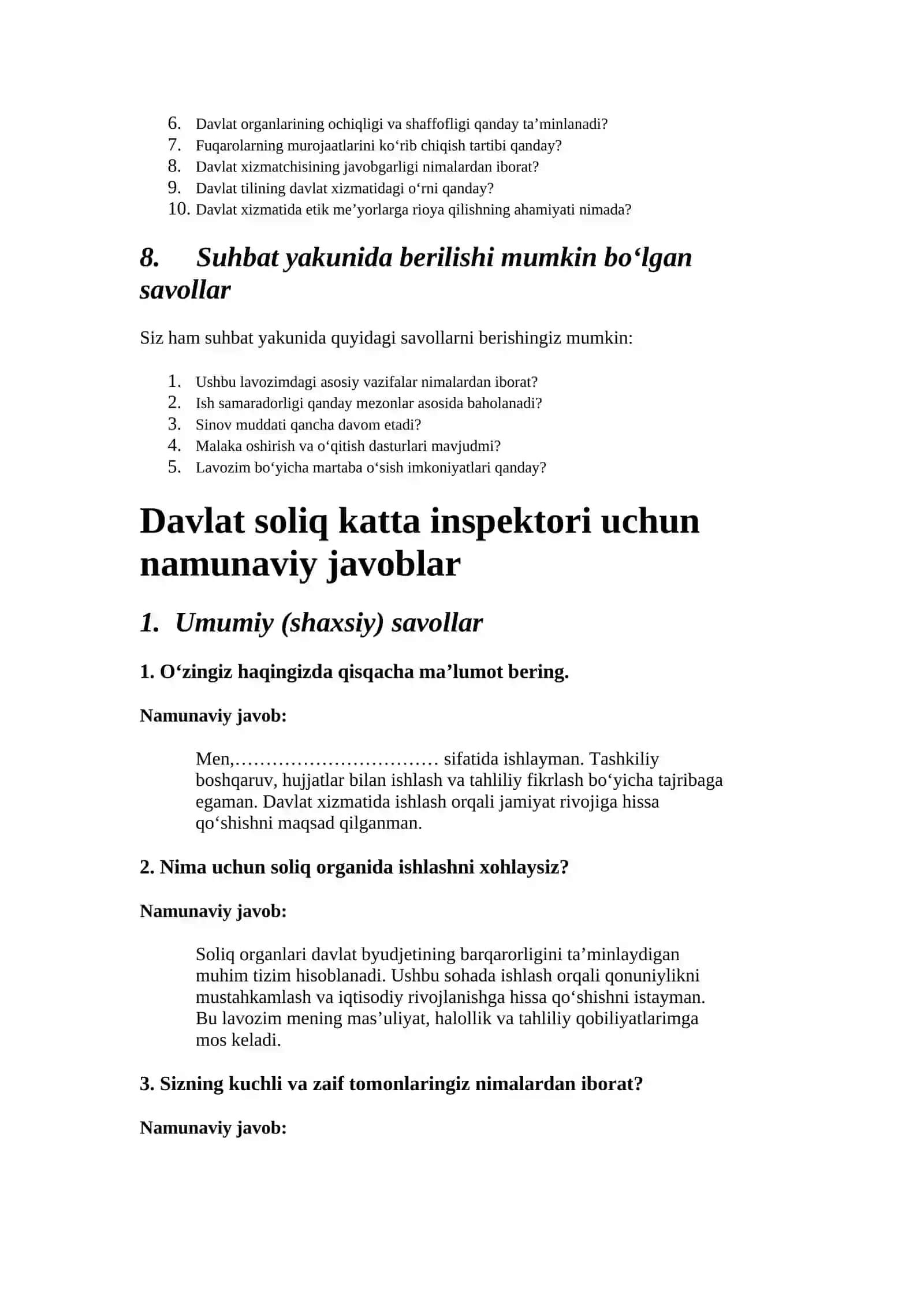 Davlat soliq katta inspektori uchun namunaviy suhbat savollari bazasi 3
