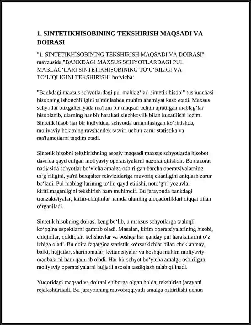 BANKDAGI MAXSUS SCHYOTLARDAGI PUL MABLAG‘LARI SINTETIKHISOBINING TO‘G‘RILIGI VA TO‘LIQLIGINI TEKSHIRISH 3