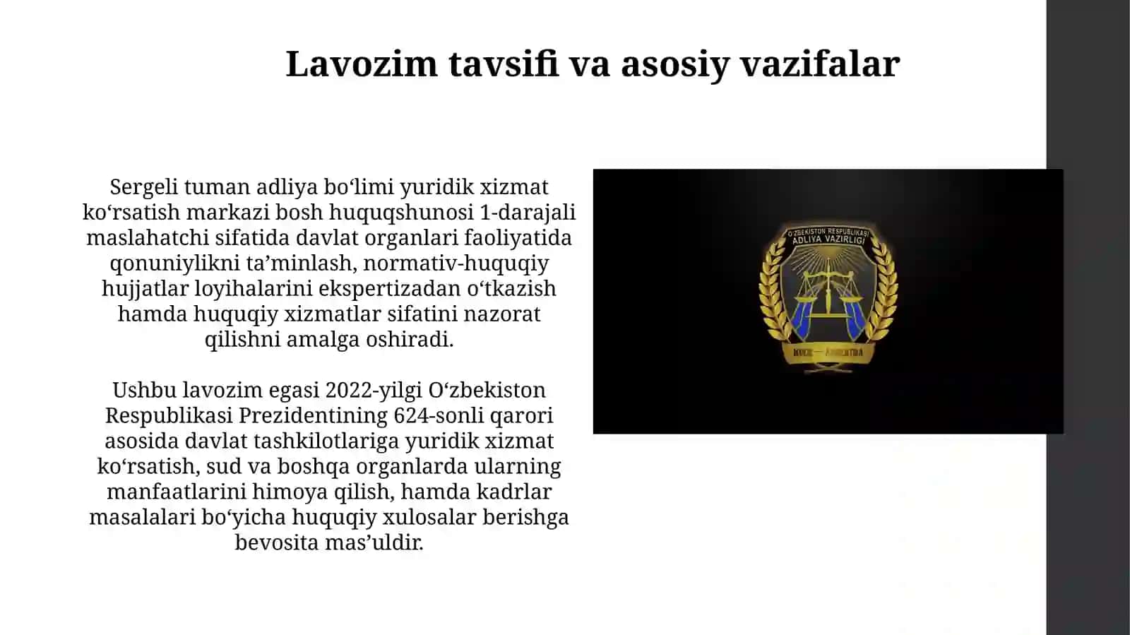 Sergeli tumani adliya bo'limi yuridik xizmat ko'rsatish markazi bosh huquqshunosi 3