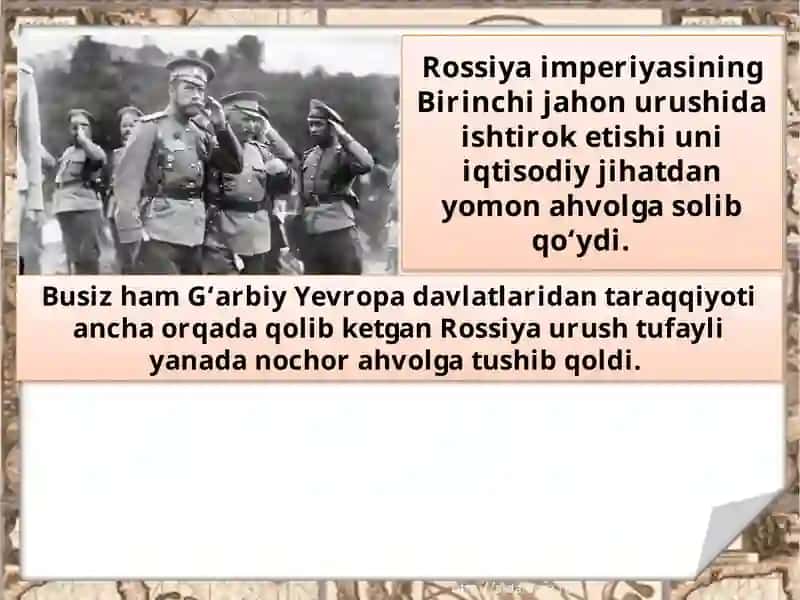 Birinchi jahon urushi yillarida Turkiston o‘lkasida ijtimoiy-iqtisodiy va siyosiy hayot. Turkiston o‘lkasida 1916-yilgi milliy-ozodlik harakatlari. Turkiston o‘lkasida jadidchilik harakati. 3