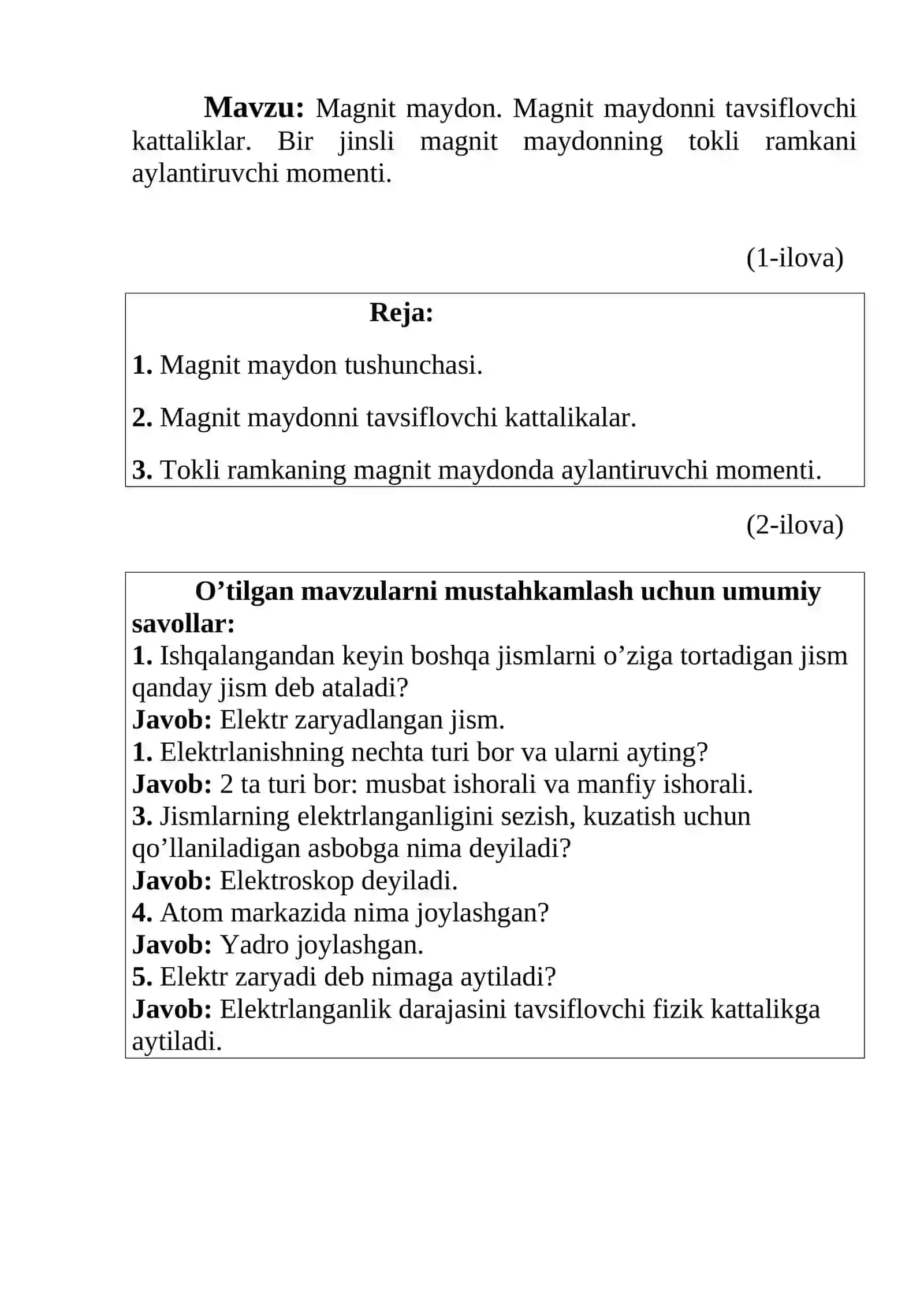 Magnit maydon. Magnit maydonni tavsiflovchi kattaliklar. Bir jinsli magnit maydonning tokli ramkani aylantiruvchi momenti mavzusiga doir tayyor dars ishlanma 3