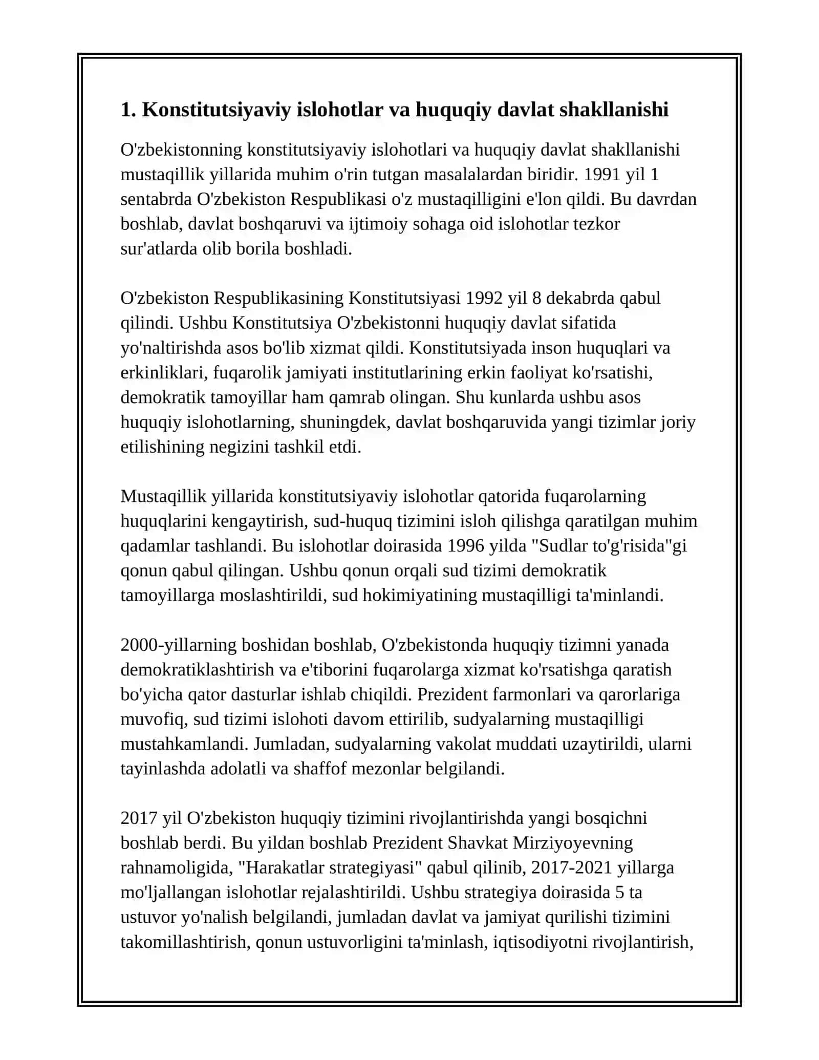 O'ZBEKISTONDA MUSTAQILLIK YILLARIDA DAVLAT BOSHQARUVI VA IJTIMOIY SOHADA AMALGA OSHIRILAYOTGAN O'ZGARISHLAR MAZMUN VA MOHIYATI 3