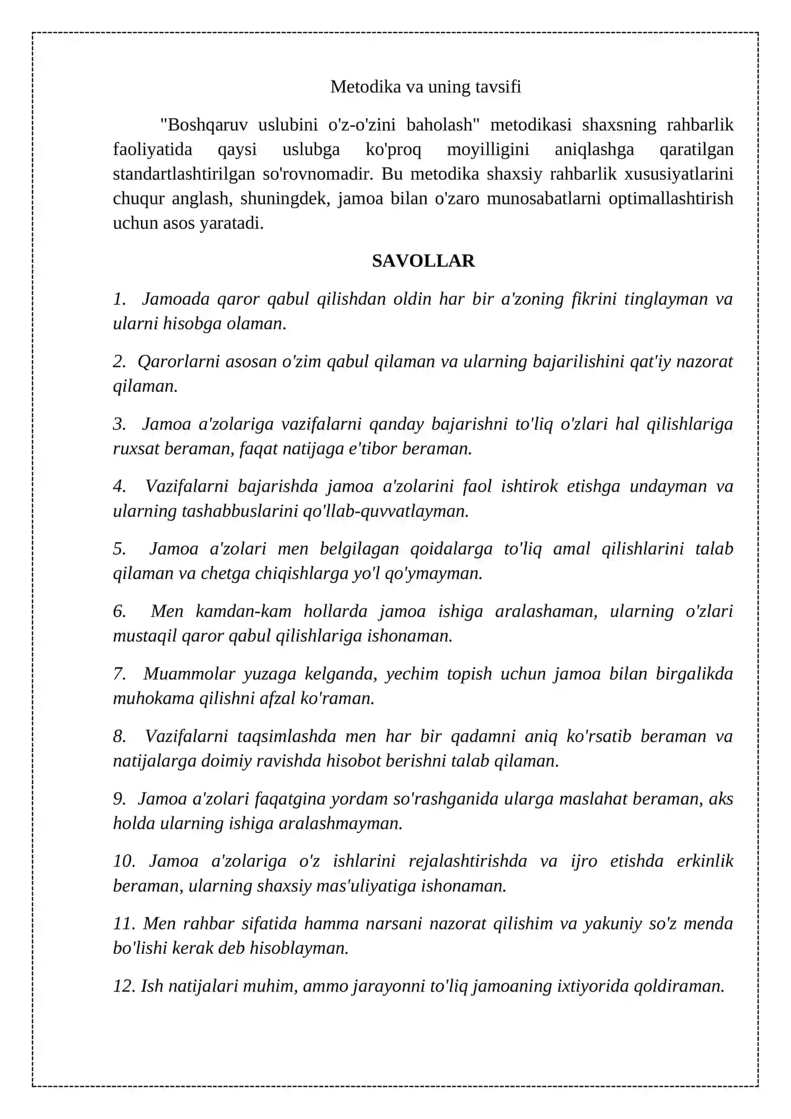 YUQORI SINF O'QUVCHILARIDA "BOSHQARUV USLUBINI O'Z-O'ZINI BAHOLASH" METODIKASI YORDAMIDA RAHBARLIK XUSUSIYATLARINI O'RGANISH 3