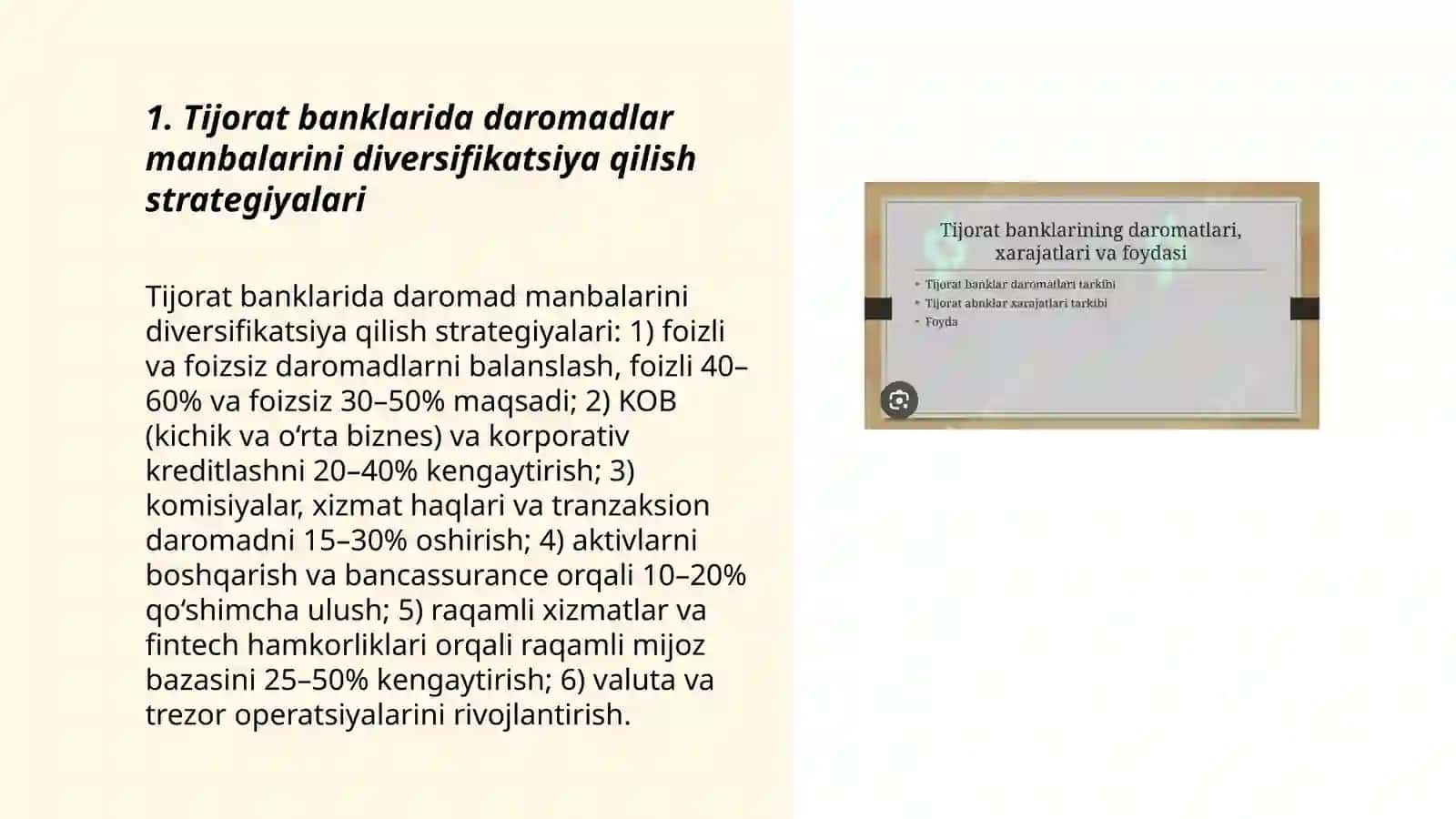 Tijorat banklari daromadlari xarajatlari va foydasini boshqarish yollari (Reja) 3