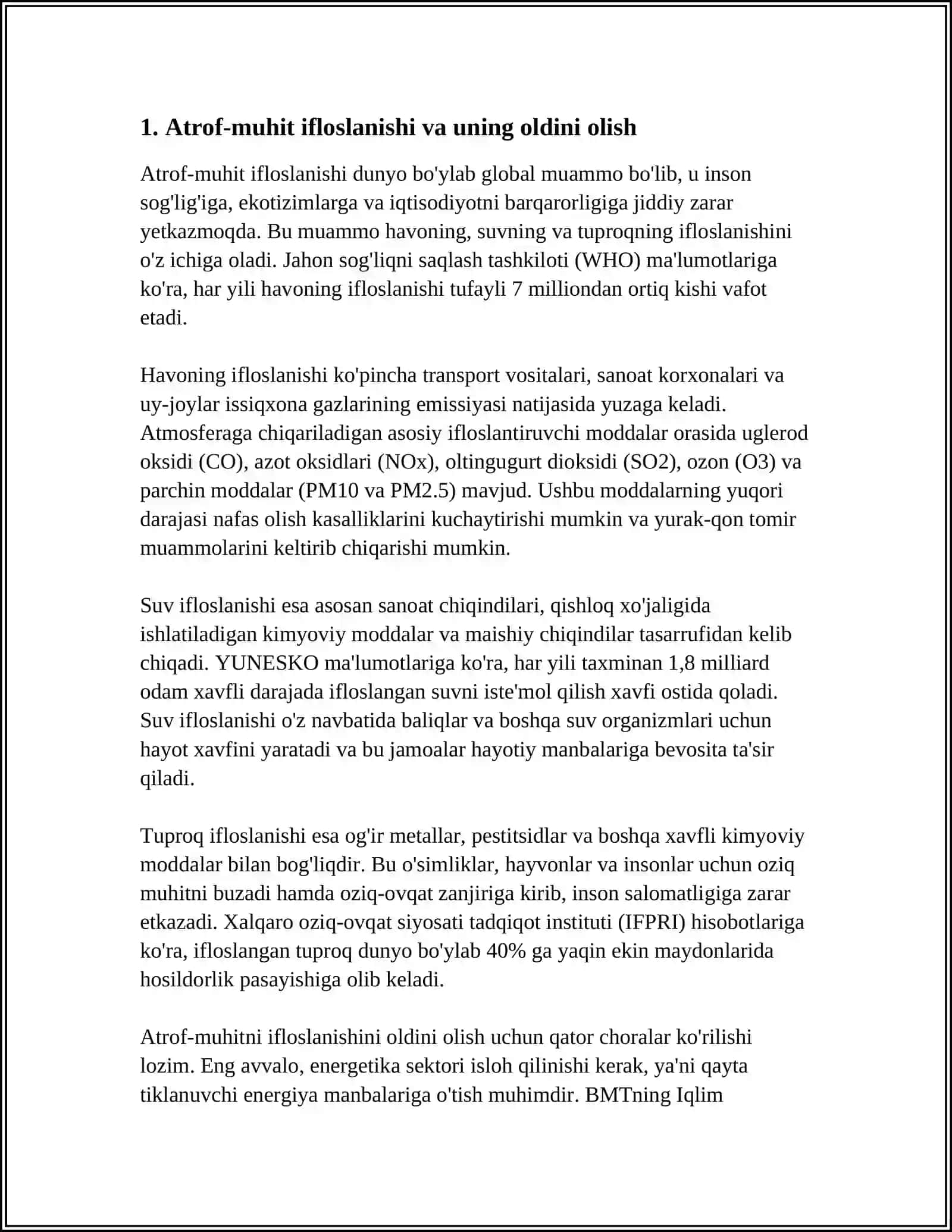 MUSTAQIL ISH Mavzu: ATROF-MUHITNI MUHOFAZA QILISH, TABIIY RESURSLARDAN OQILONA FOYDALANISH 3