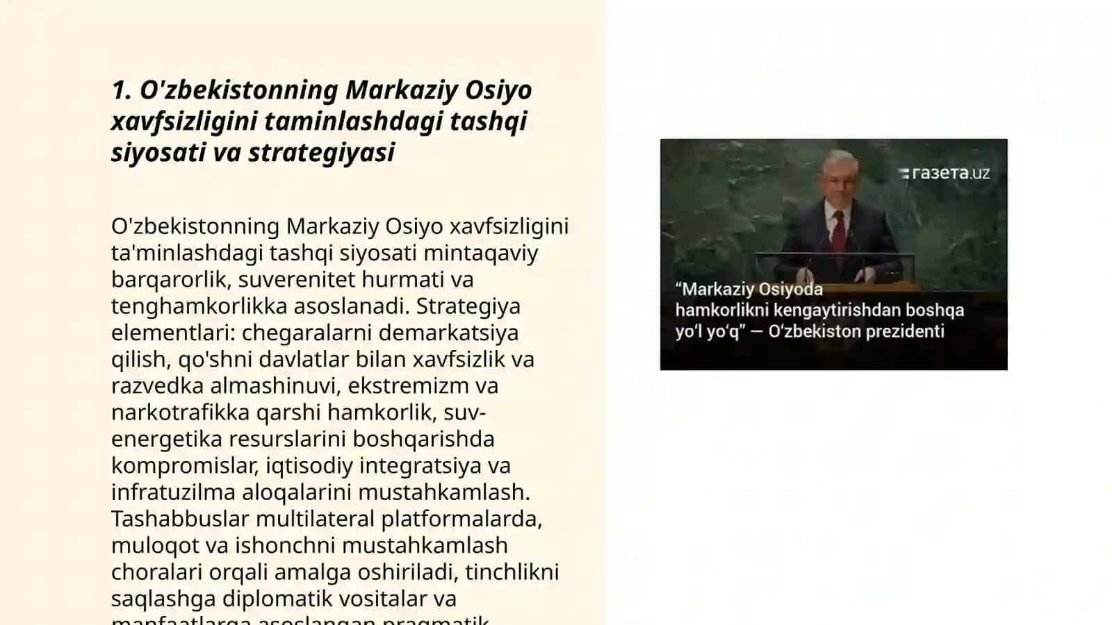 O'zbekistonning markaziy Osiyoda tinchlik va barqarorlikni taminlashdagi o'rni Shavkat Miromon Mirziyoyevich 3