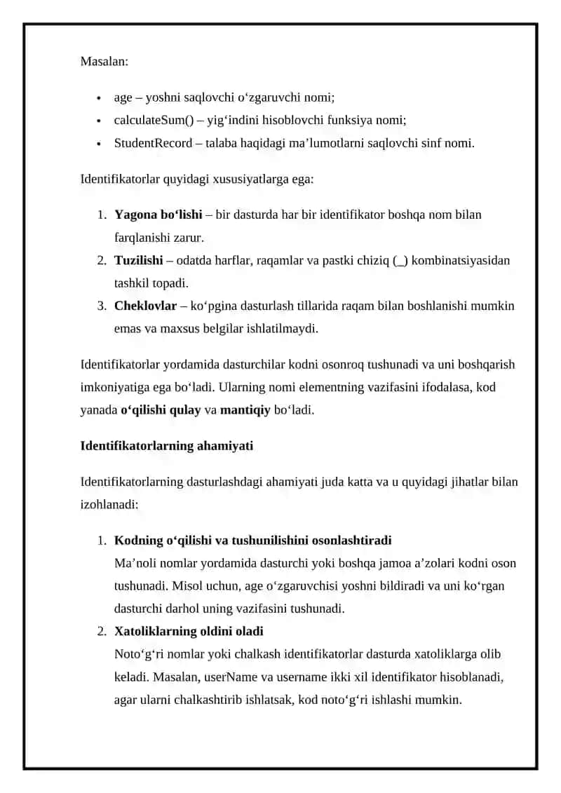 Identifikatorlar va nomlash qoidalari 3
