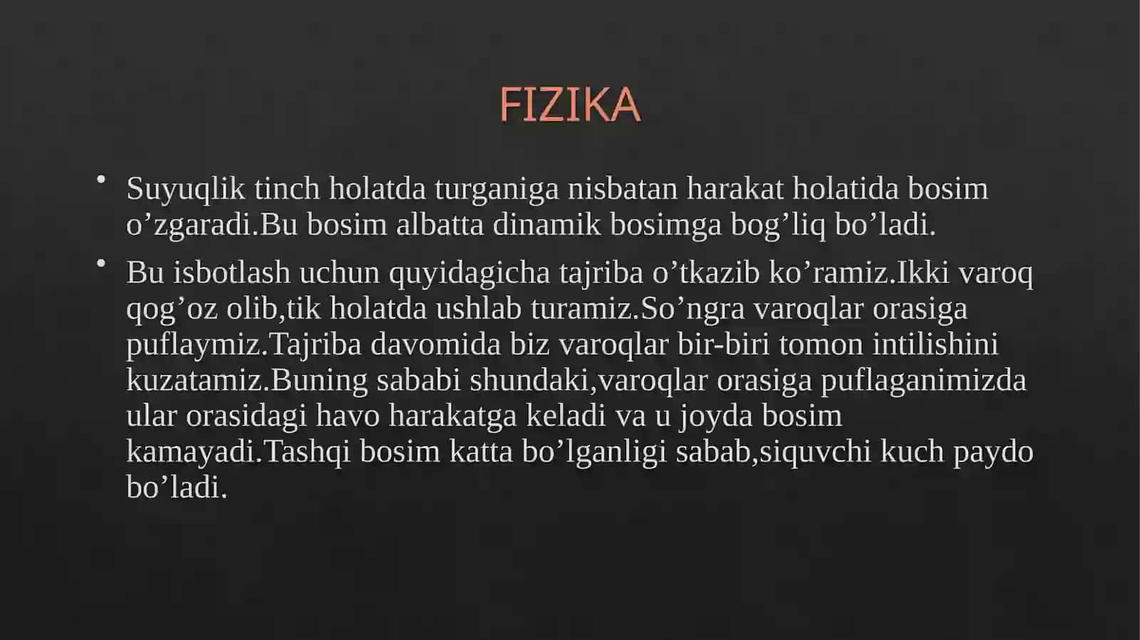 10-sinf Fizika Harakatlanayotgan gazlar va suyuqliklarda bosimning tezlikka bog'liqligidan texnikada foydalanish 3