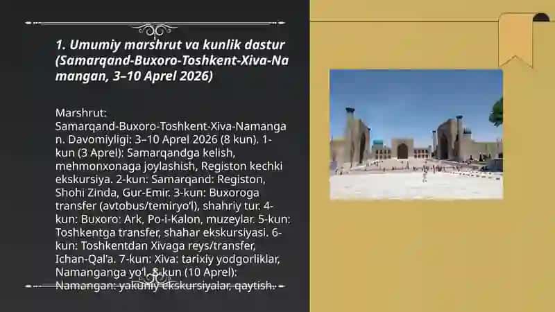 Samarqand-Buxoro-Toshkent-Xiva-Namangan ultra premium tour 2026 3