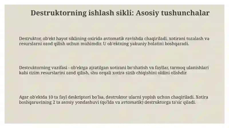 Destruktor ishlash siklini kuzatish GC qoʻllash 3