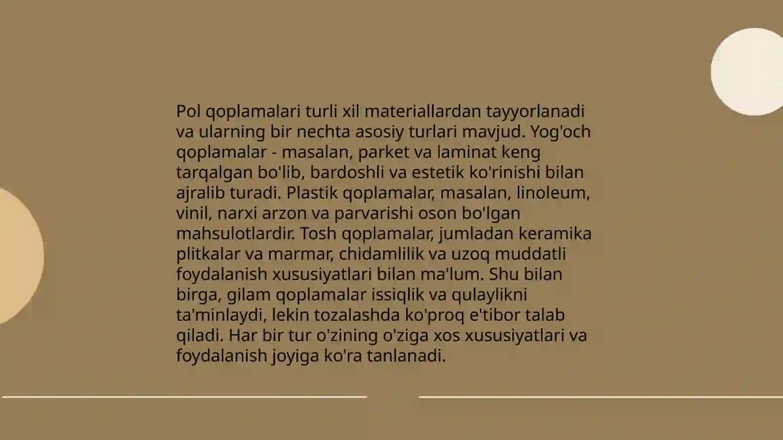 Pol qoplamalari turli xil materiallardan tayyorlanadi 3