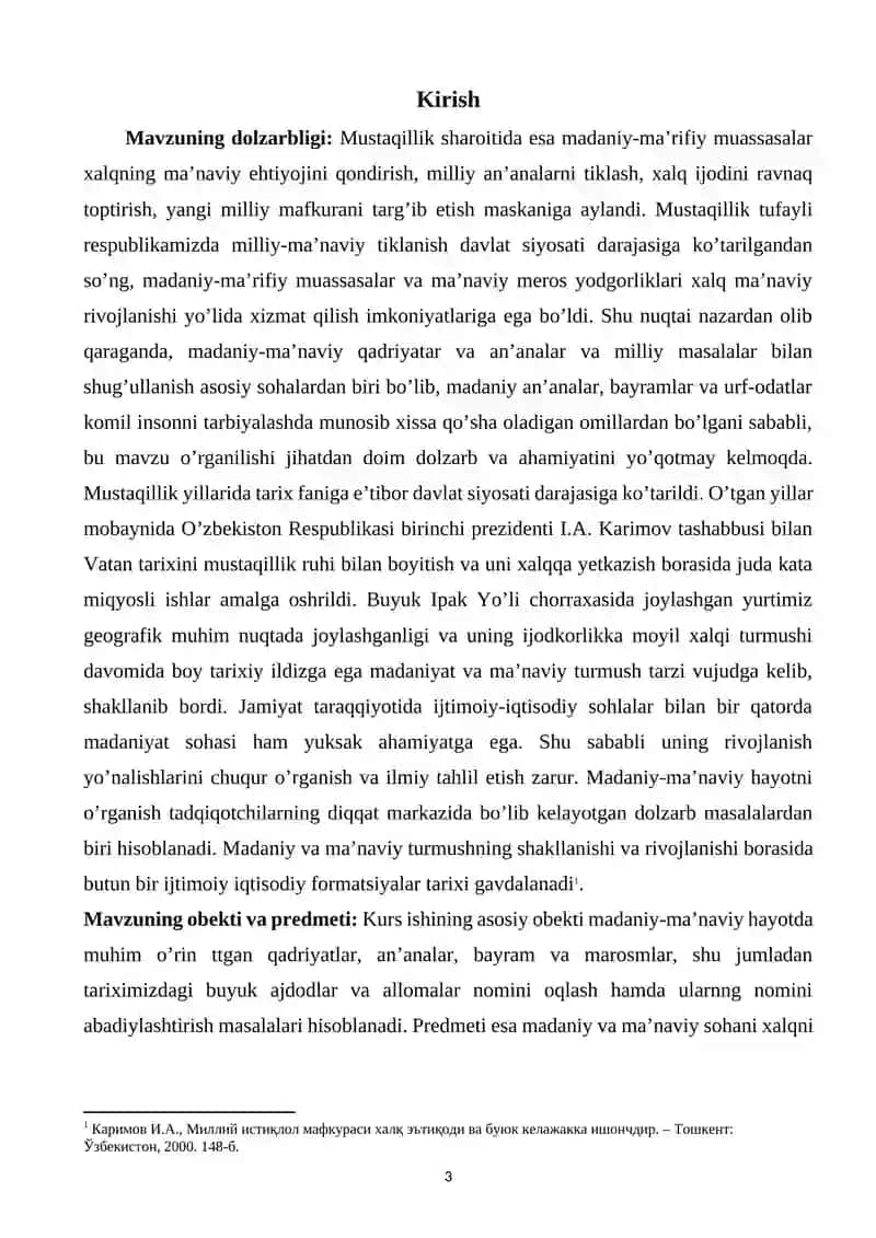 MUSTAQILLIK YILLARIDA O‘ZBEKISTON RESPUBLIKASIDA MADANIY VA MA’RIFIY SOHADA AMALGA OSHIRILAYOTGAN ISLOHOTLAR KURS ISHI 3