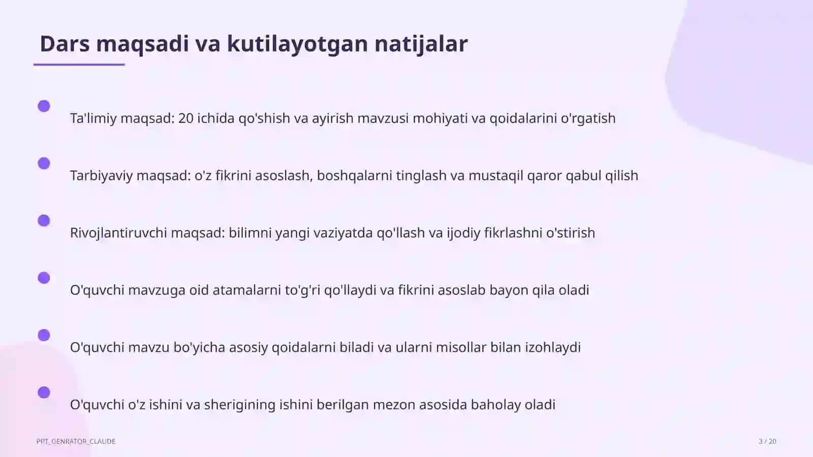 20 ichida qo'shish va ayirish (1-sinf) 3