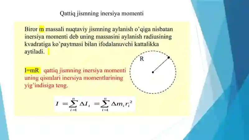 Qattiq jismning inersiya momenti, impuls momenti, kuch momenti 3