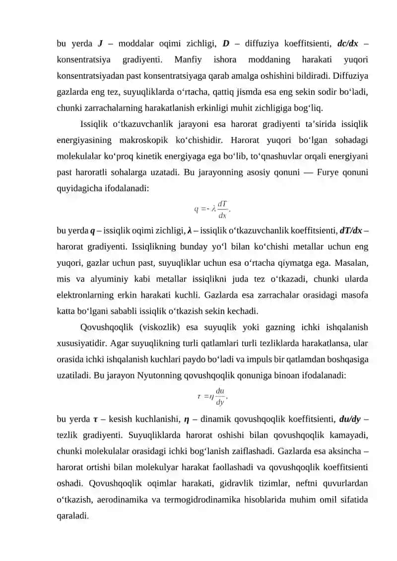 Koʻchish hodisalari. (Diffuziya, issiqlik oʻtkazuvchanlik va qovushqoqlik) 3