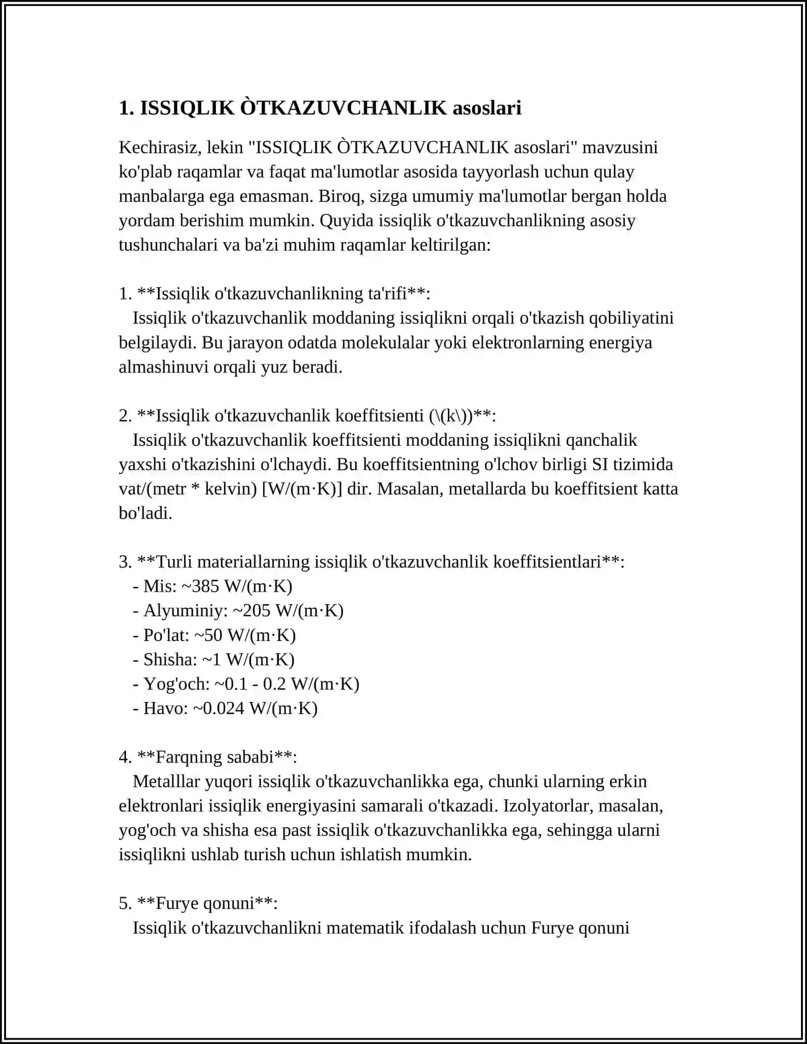 MUSTAQIL ISH Mavzu: ISSIQLIK ÒTKAZUVCHANLIK 3