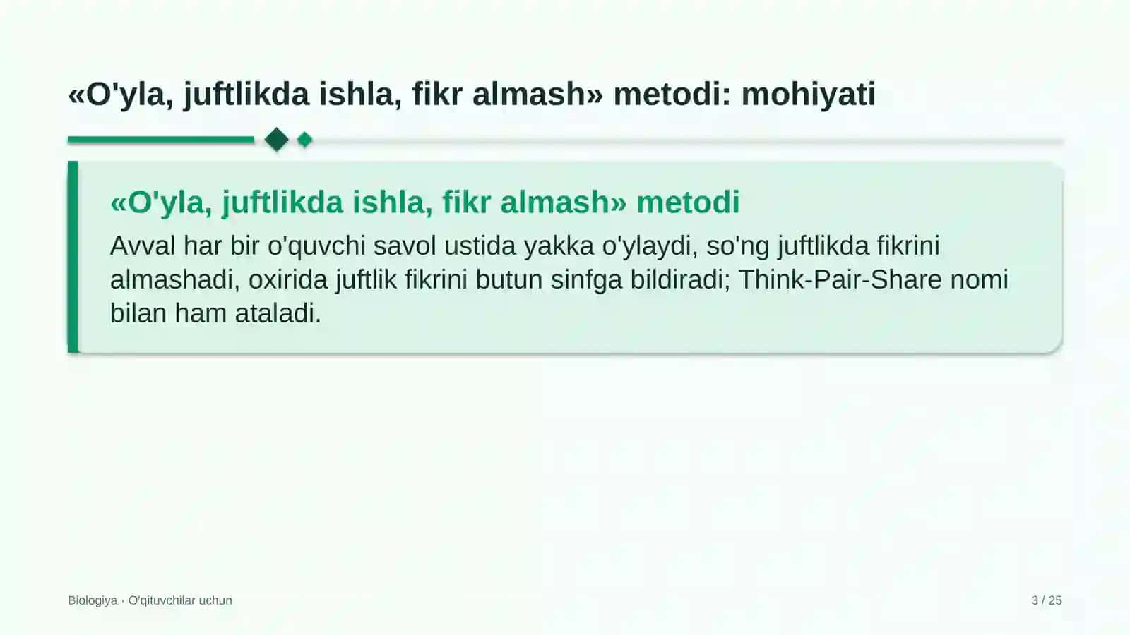 biologiya darslarida o'yla juftlikda ishla fikr almash metodidan foydalanish 8884 3