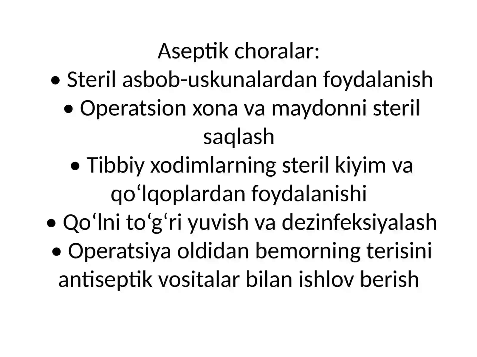 № 14 Aseptika va antiseptika tushunchasi. Operatsion maydoni aseptikasi tushunchasi. Yuqumli kasalligi bor bemorlarda xususan Covid-19 da bemorlarni tekshirish 3