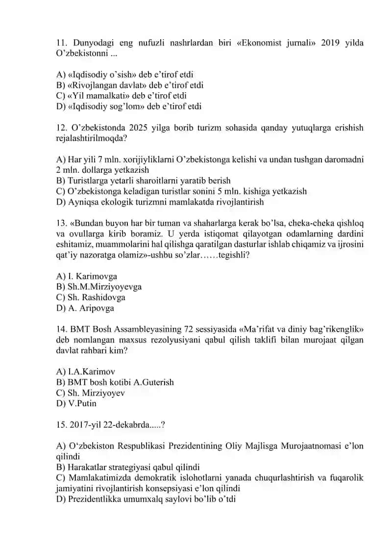 Yangi O‘zbekistonda amalga oshirilayotgan islohotlar. Test savollari. 3