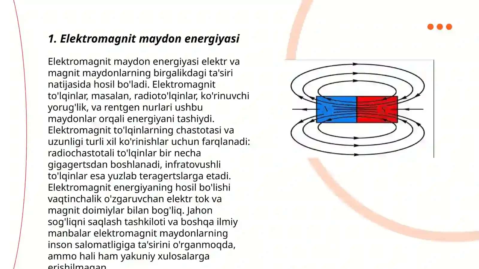 Elektromagnit maydon energiyasi, zichligi va energiyasi oqimining zichligi. Energiyaning saqlanish konuni. Elektromagnit maydon impulsi 3