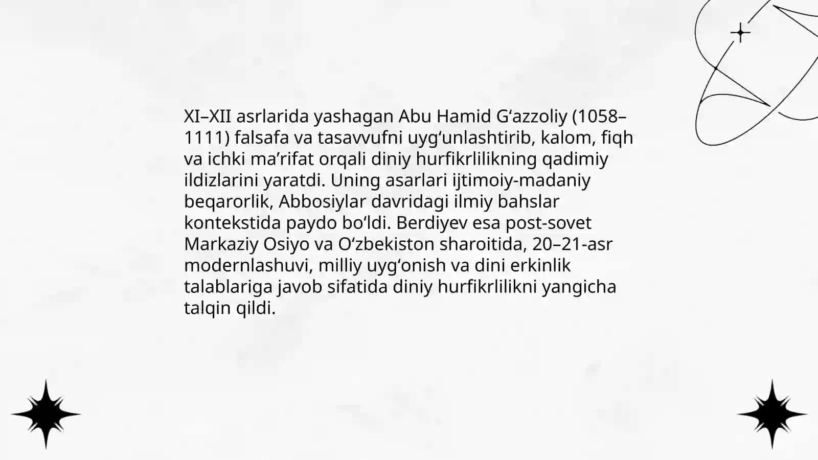 Din va hurfikrlilik berdiyevning diniy hurfikrlilik haqidagi gʻoyalarini Gʻazzoliy gʻoyalari b-n qiyoslash 3