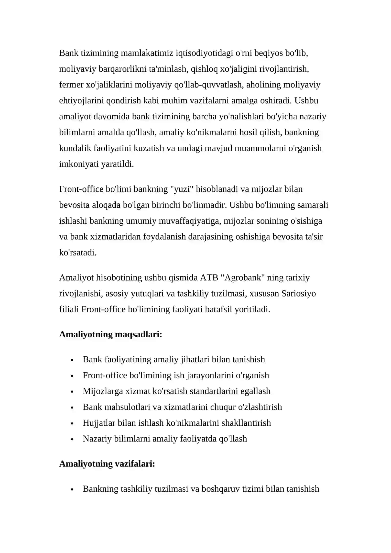 ATB "Agrobank" SARIOSIYO FILIALI FRONT-OFFICE BO'LIMIDA O'TKAZILGAN AMALIYOT TO'G'RISIDA 3