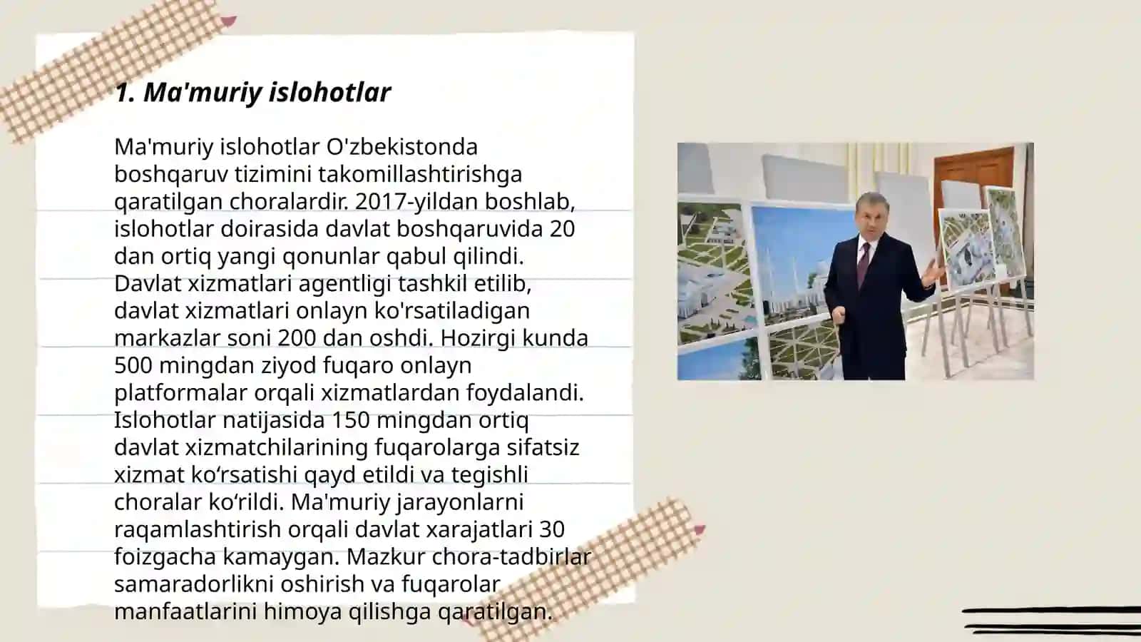 Yangi Oʻzbekistonda Prezident Shavkat Mirziyoyev rahbarligi va tashabbusi ostida amalga oshirilayotgan islohotlar 3