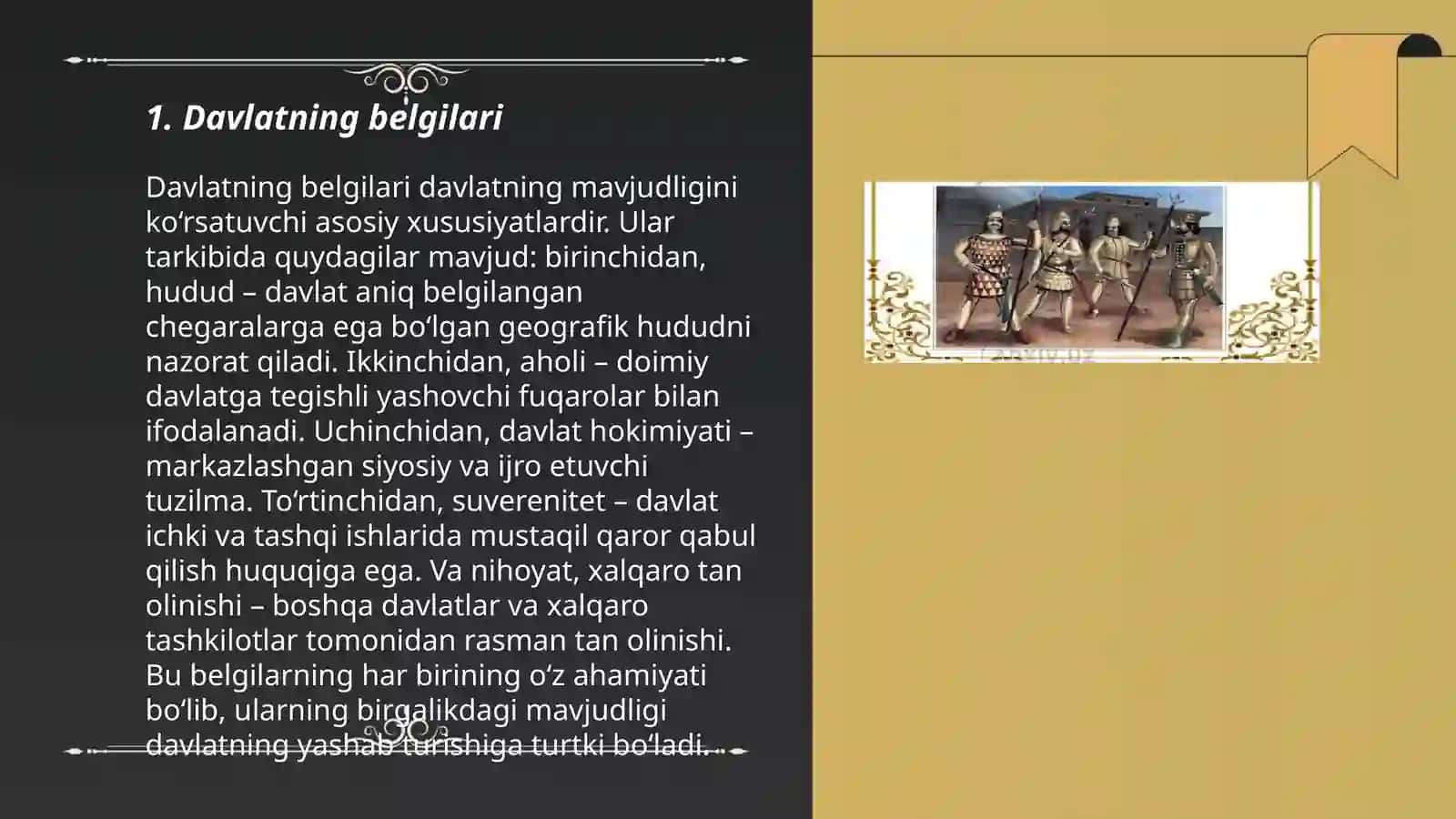 Davlatning belgilari, tiplari, shakllari, funksiyalari. O‘zbek davlatchiligi taraqqiyoti bosqichlari 3