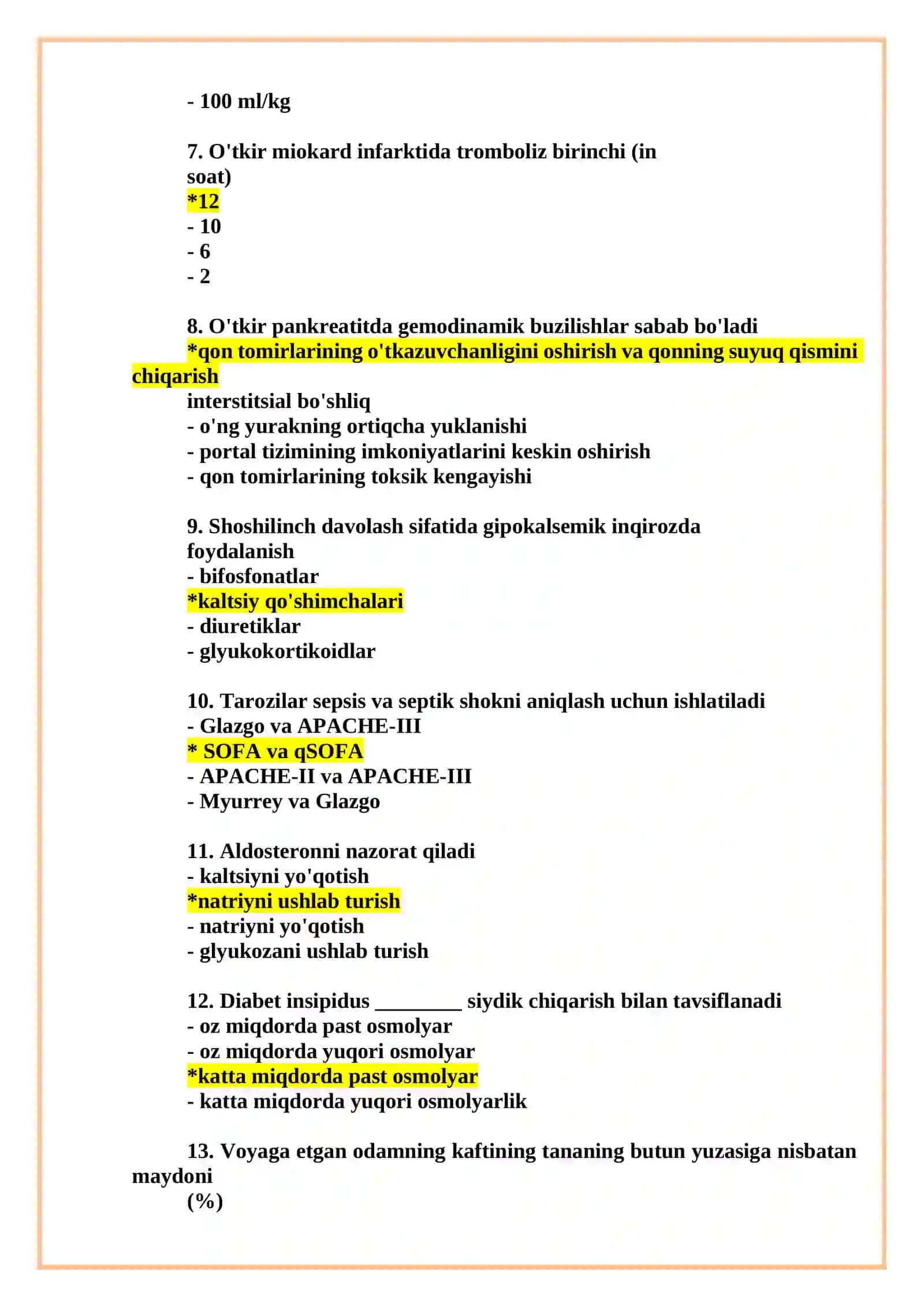 Anesteziologiya va reanimatologiya mutaxassisligi bo'yich shakllantirilgan test savollari ro'yxati 3