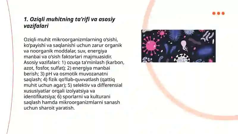 Mikroorganizmlar uchun oziqli muhit, tasnifi va qo‘yilgan talablar 3