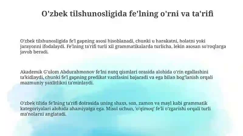O'zbek tilshunosligida fe'lning o'rni va ta'rifi 3