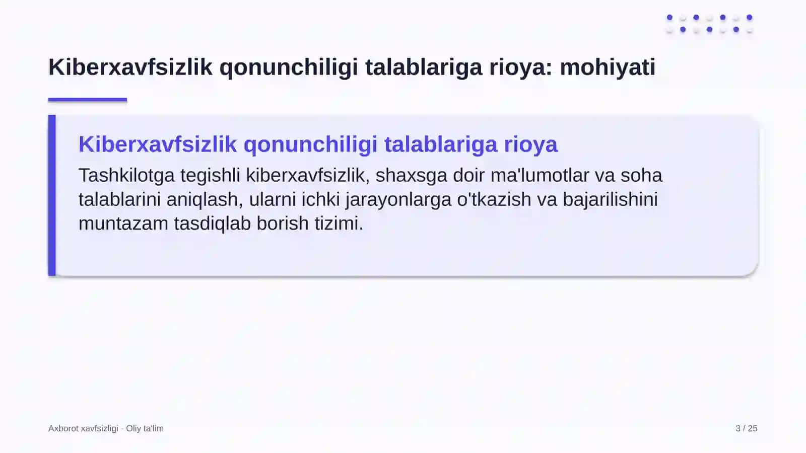 tuyachilikda kiberxavfsizlik bo'yicha qonunchilik talablariga rioya etish 5547 3