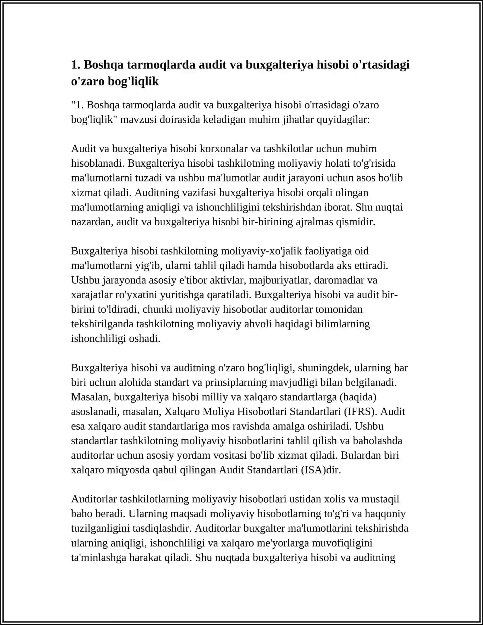 REFERAT "BOSHQA TARMOQLARDA AUDIT" FANINING BOSHQA FANLAR BILAN OʻZARO BOGʻLIQLIGI 3