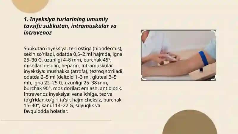 Dori vositalarini teri ostiga, mushak orasiga va vena ichiga inyeksiya qilish metodikasi 3