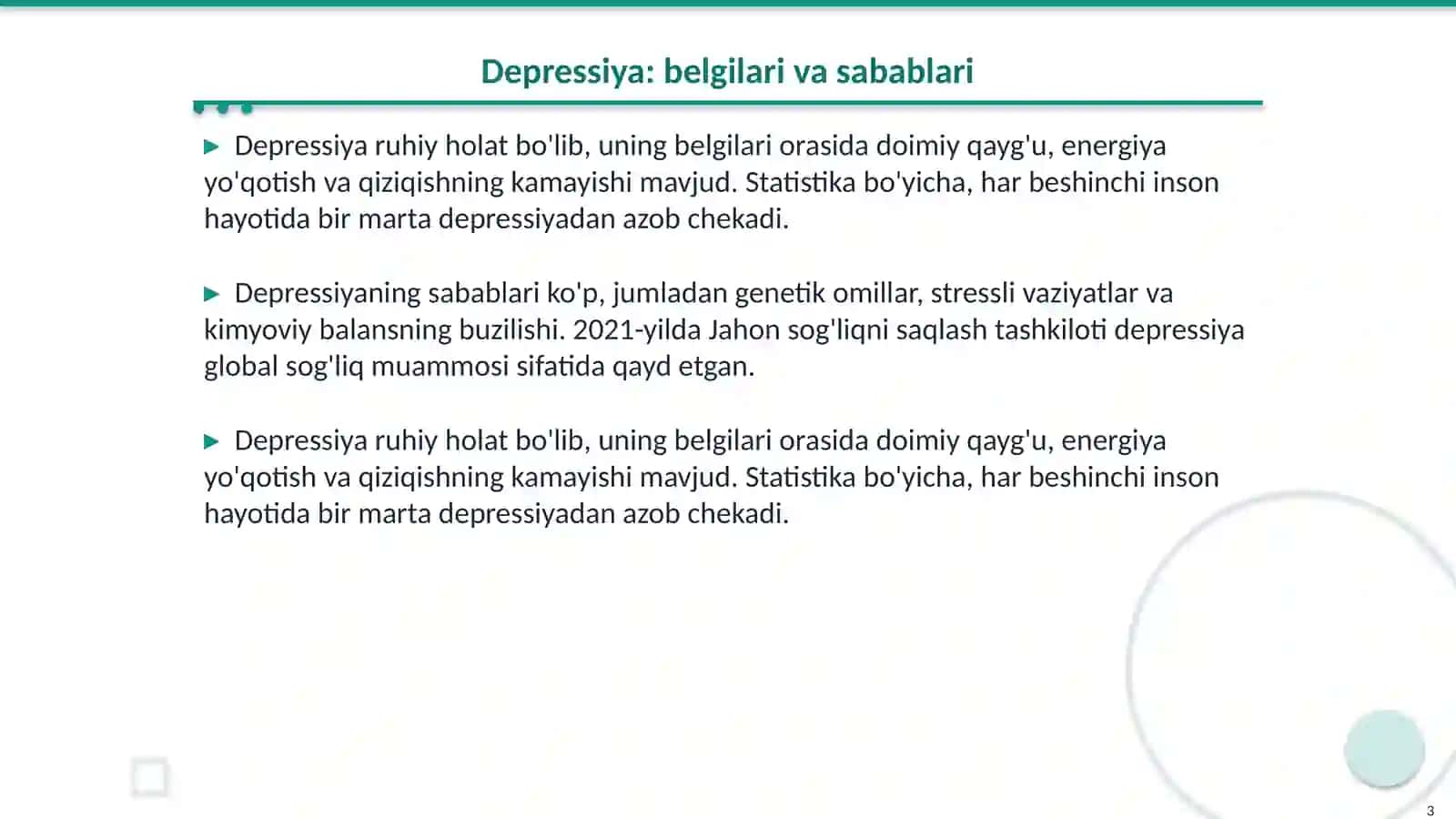 Bemorlarning ruhiy holati. «Depressiya, shok, qo'rquv, cho'chish, ipoxondriya, o'zini aybdor xis qilish» suitsidal fikrlash 3