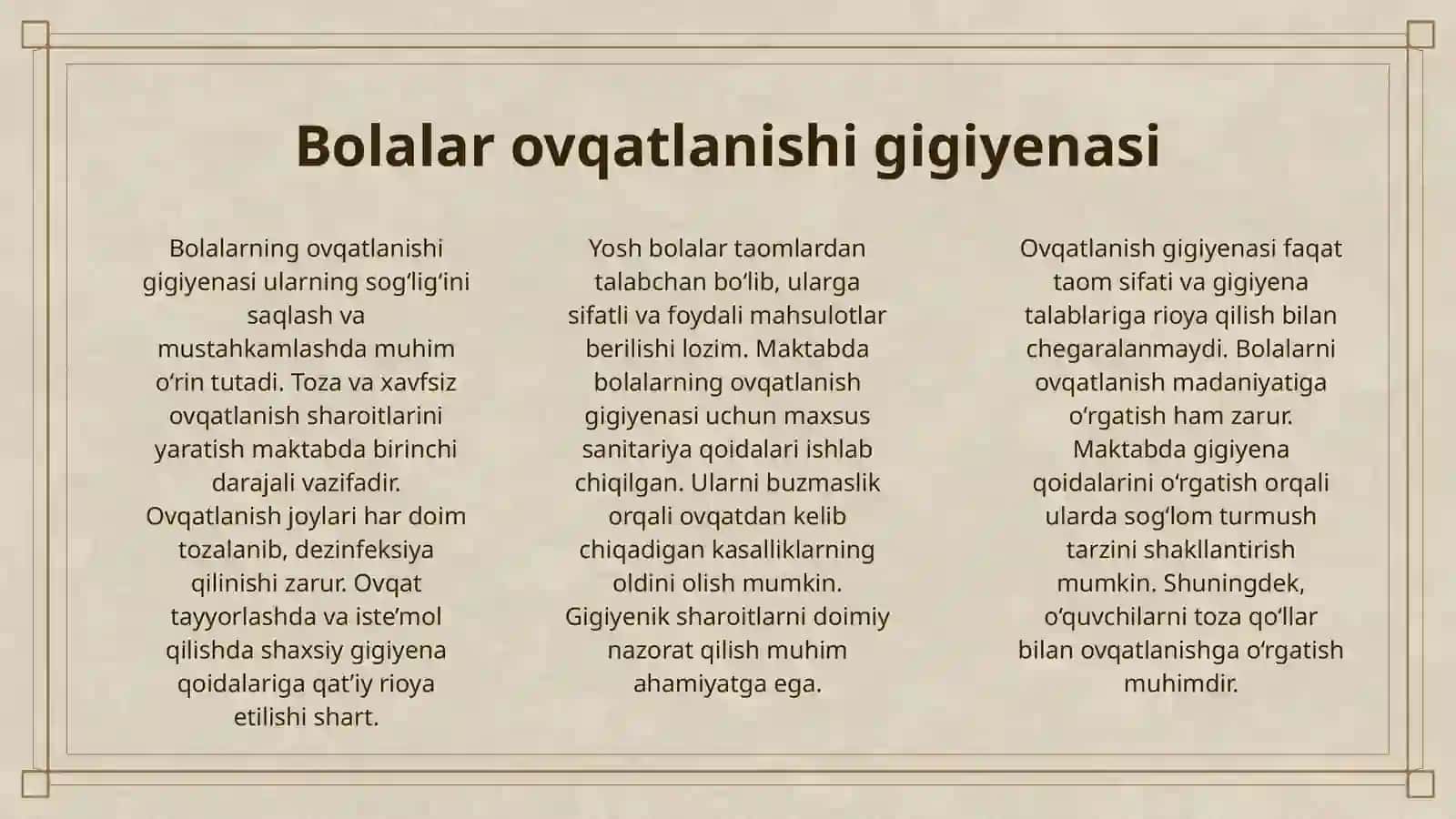 MAKTAB BOLALARNING OVQATLANISHIGA QO'YILADIGAN GIGIYENIK TALABLAR 3