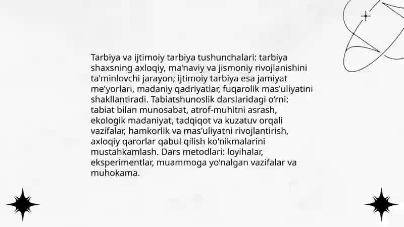 Tarbiya va ijtimoiy tarbiya va ularning turlari va tabiatshunoslik darslarida ulardan foydalanish 3