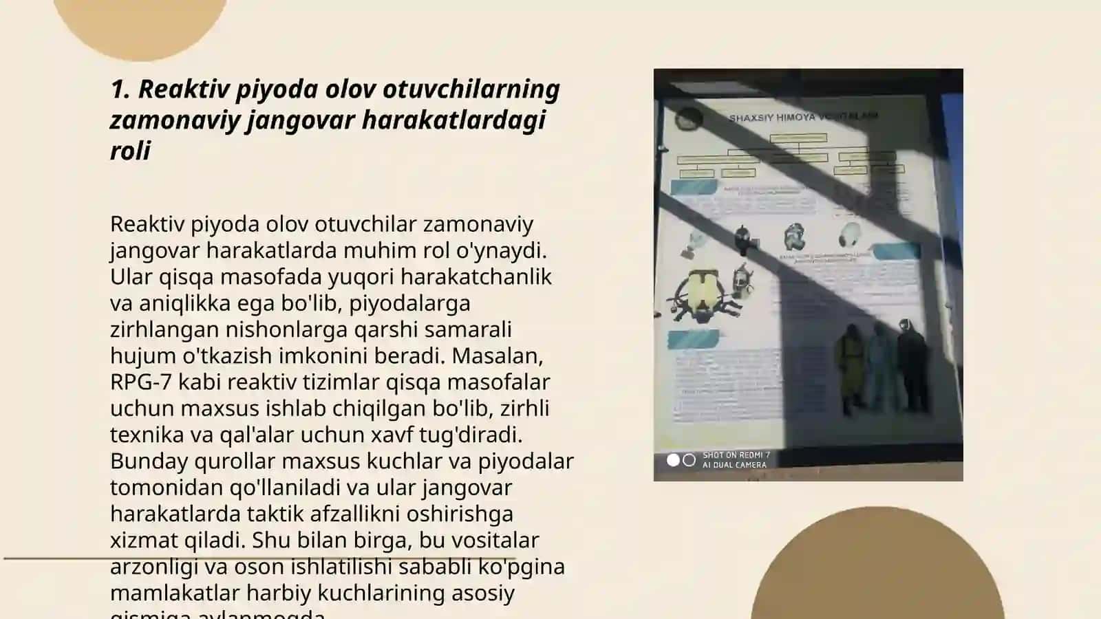 Zamonaviy jangovar harakatlarda reaktiv piyoda olov otuvchi boʻlinmalarning vazifasi 3