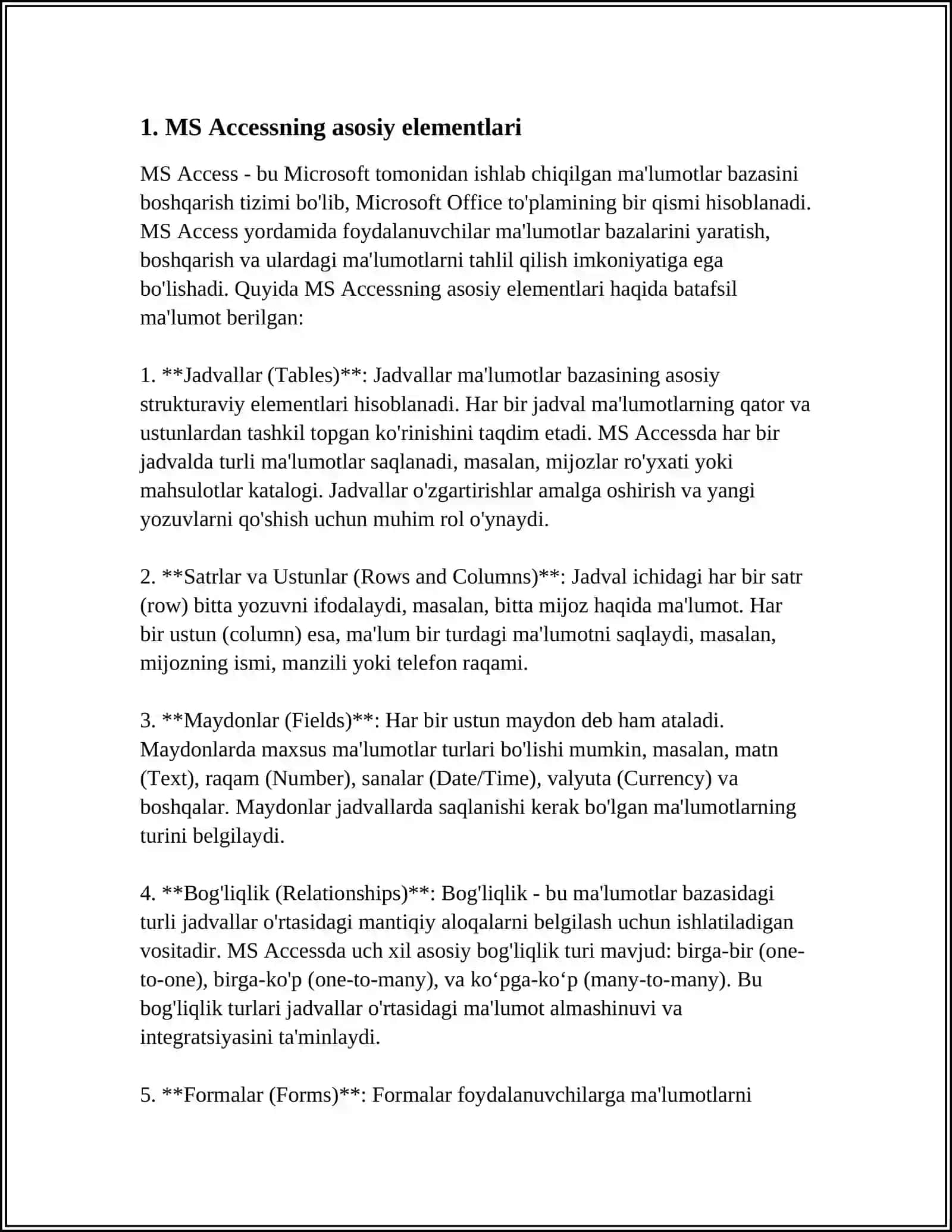 MS ACCESS DASTURINING ASOSIY ELEMENTLARI VA MAYDONLAR XUSUSIYATI 3