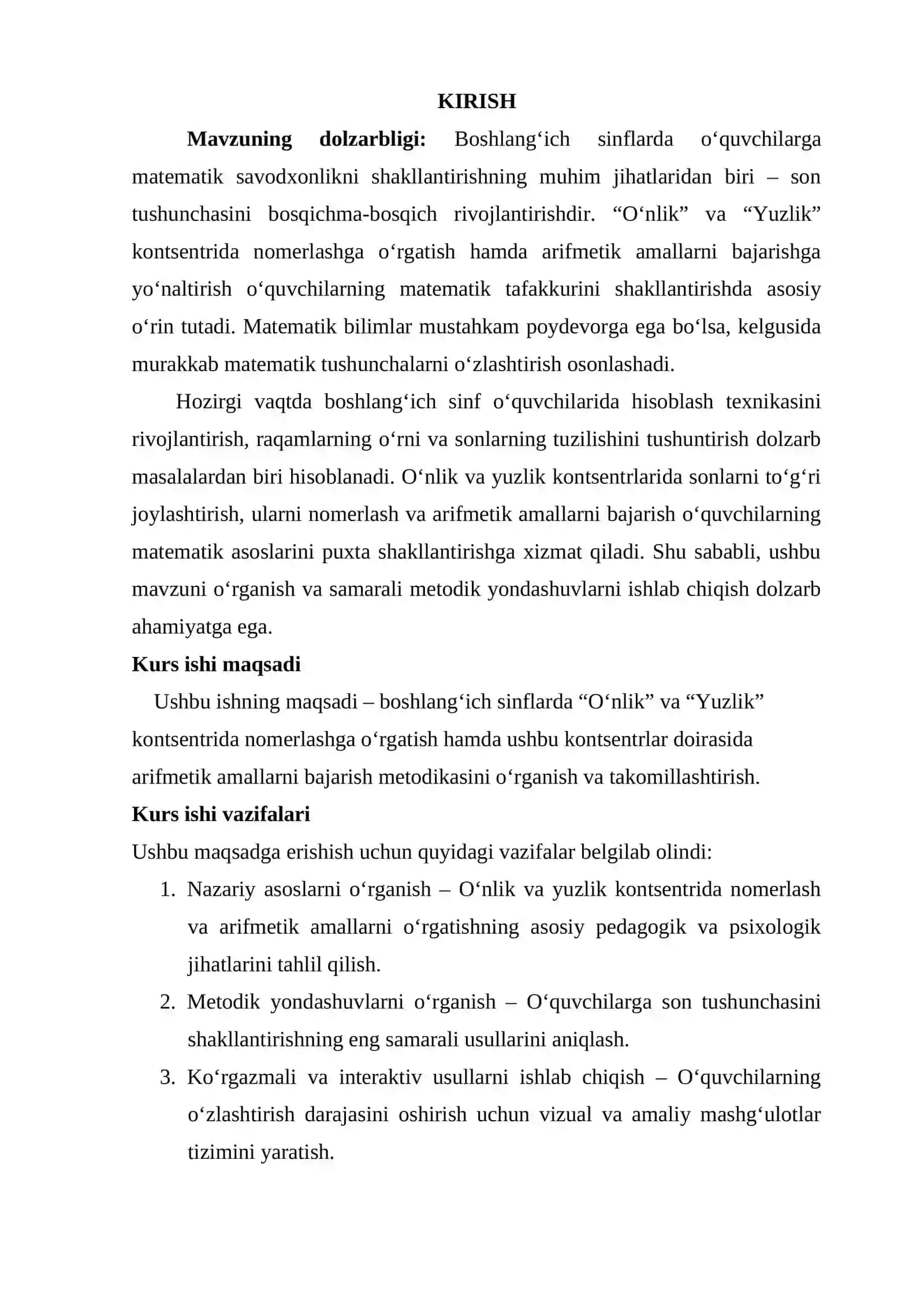 “O‘NLIK”, “YUZLIK” KONTSENTRIDA NOMERLASHGA O‘RGATISH METODIKASI. KONSENTRLARDA ARIFMETIKA AMALLAR BAJARISHGA O‘RGATISH 3