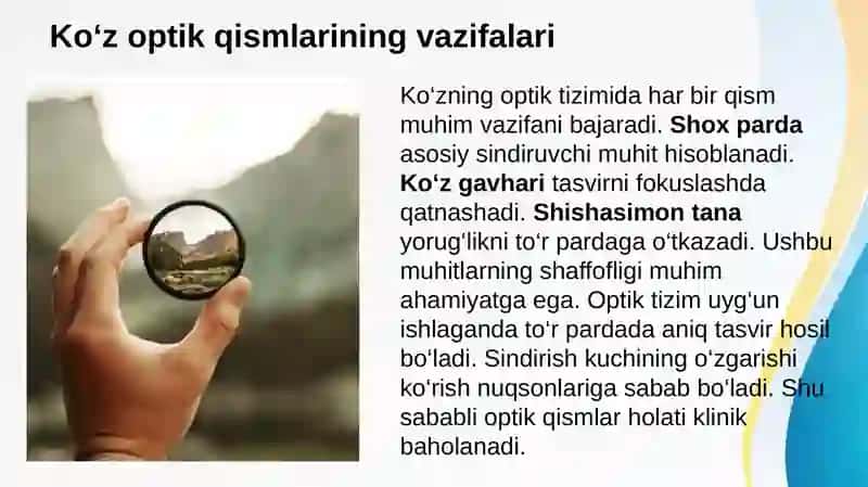 Ko’zning optik tizimi. Uzoqdan va yaqindan ko’rishning sabablari, ko’zning to’rpardasida ketadigan fotobiologik jarayonlarni tibbiyotda qo’llanilishi. Ko’zning ko’rish o’tkirligini, ko’zning ko’rish maydonini aniqlash 3