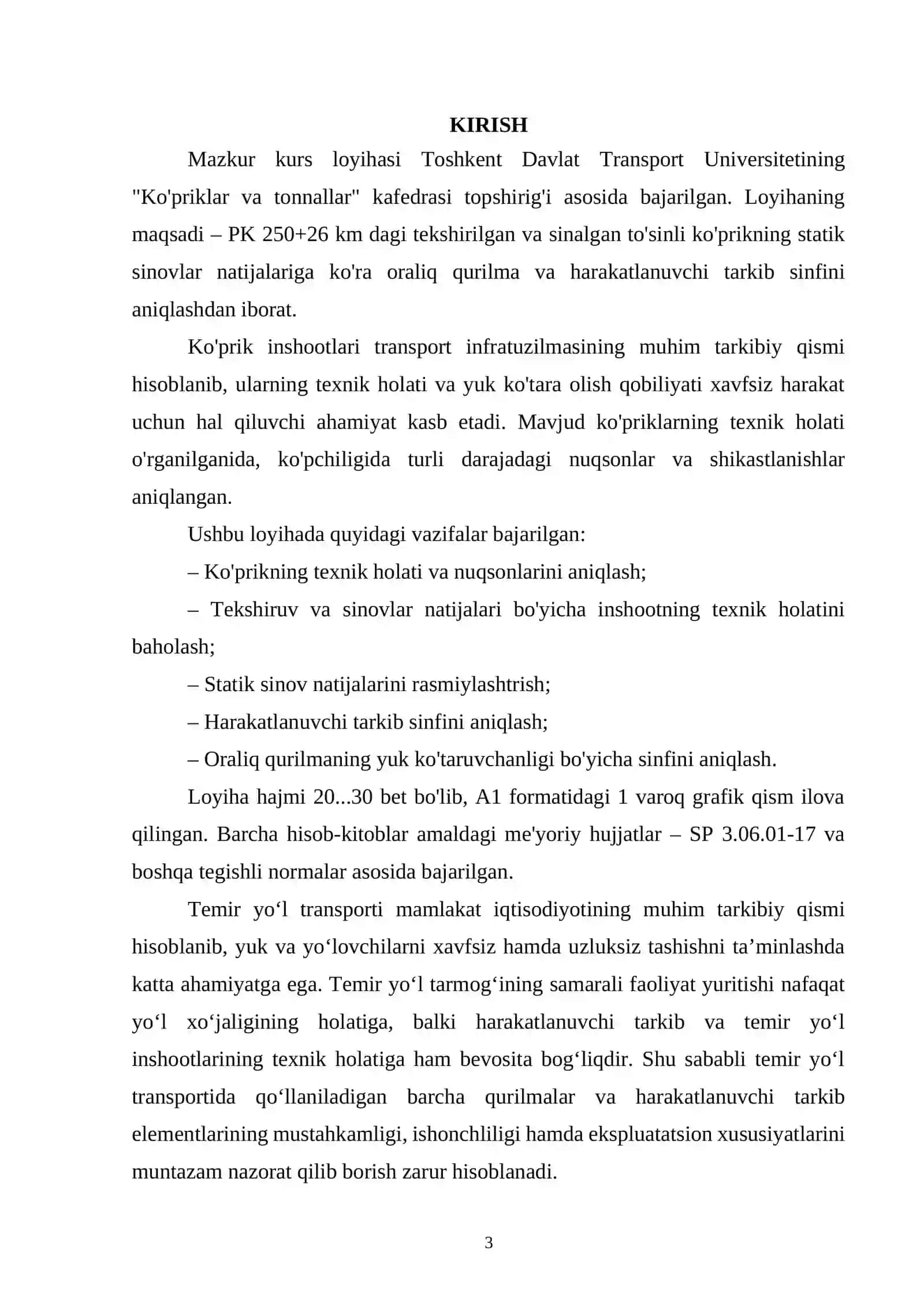 KURS LOYIHASI "Oraliq qurilmalar va harakatlanuvchi tarkibning sinfini aniqlash (statik sinovlar natijalariga ko'ra)" 3