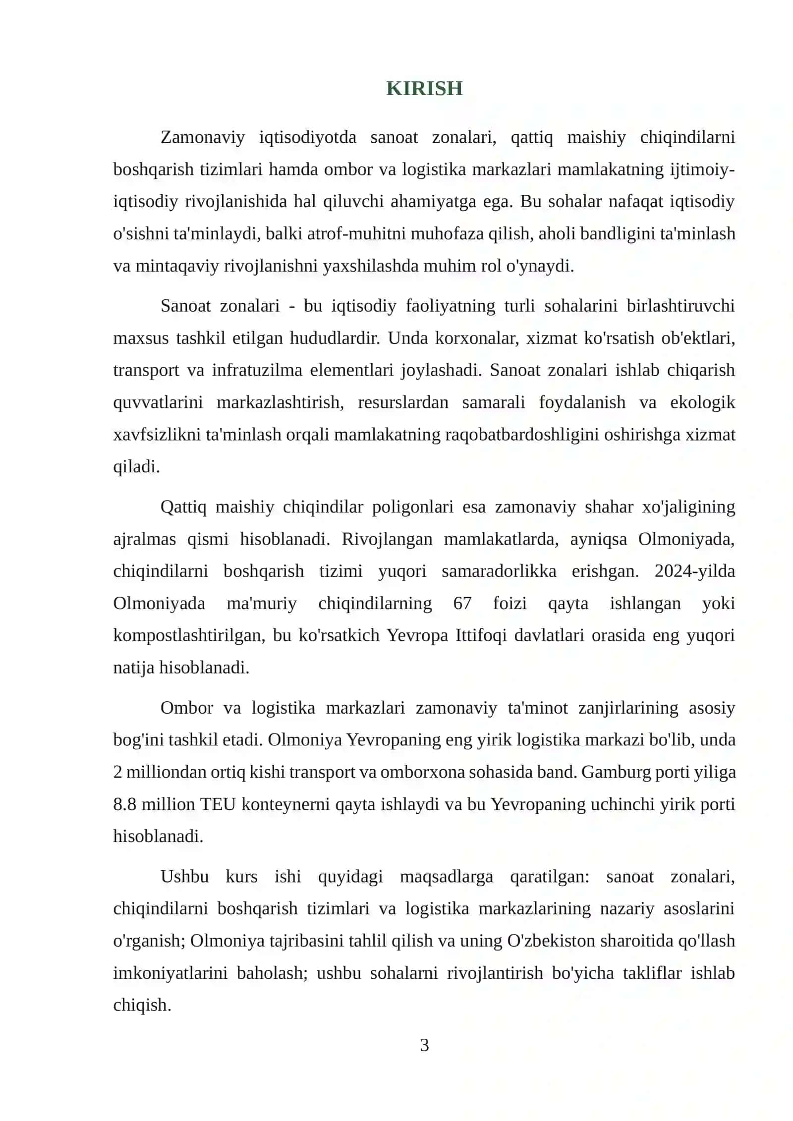 SANOAT ZONALARI: SANOAT MAYDONLARI, QATTIQ MAISHIY CHIQINDILAR POLIGONLARI, OMBOR VA LOGISTIKA MARKAZLARI (OLMONIYA MISOLIDA) 3