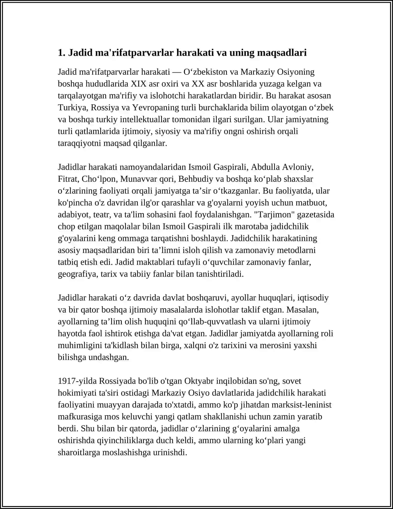 JADID MA'RIFATPARVARLARINING OʻLKA IJTIMOIY-MA'NAVIY HAYOTIDA TUTGAN OʻRNI ( MUNAVVARQORI, FITRAT, BEHBUDIY VA AVLONIY HAQIDA ) 3